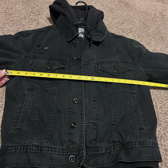 Fox Riders Denim Jean Mx Motorcycle Biker Black Hood Trucker Jacket Size Small - Picture 9 of 14